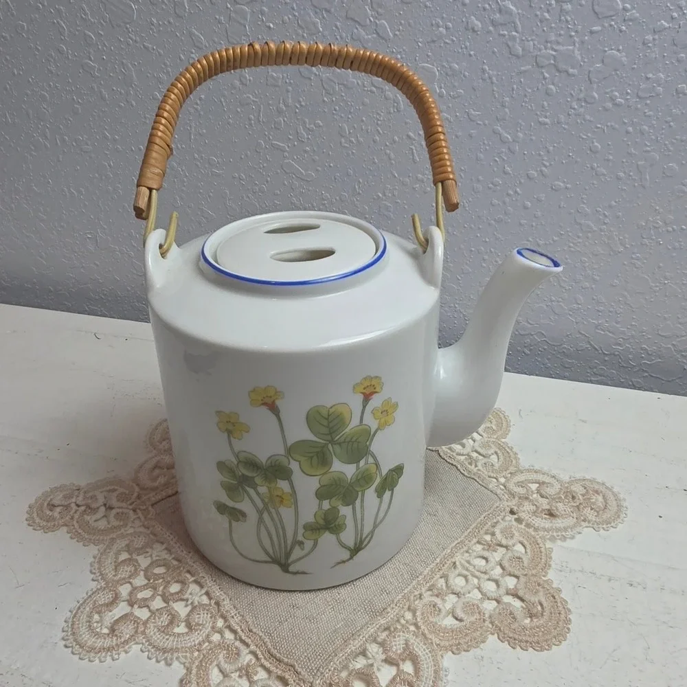 Vintage Ceramic Botanica Teapot Yellow Floral Clover Blue Trim Lid Rattan Handle